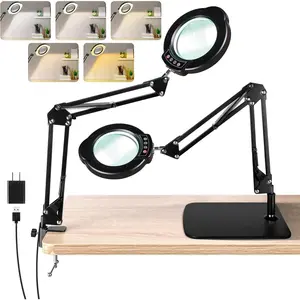 10X Magnifying Glass with Light and Stand, LED Desk Lamp with Base and Clamp, 5 Color Mode, 10 Dimmable Levels, Hands Free for Reading Crafts  Sewing Close Work