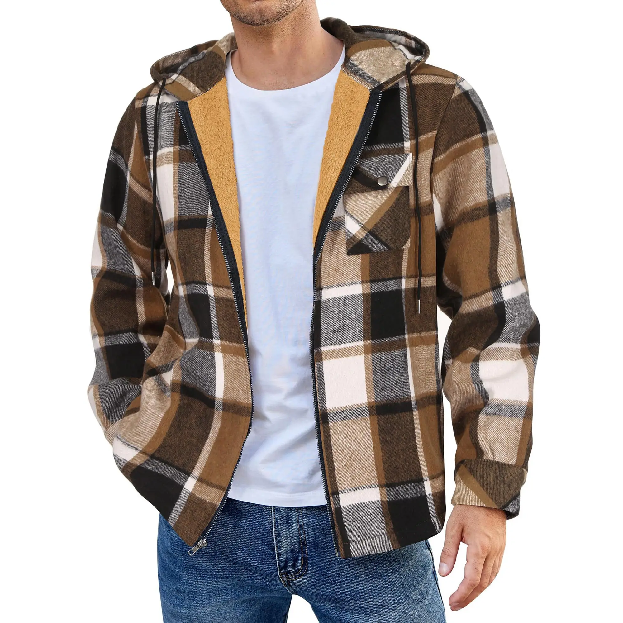 Flannel Plaid Zip Up Hooded Jacket For Men - SHESHOW