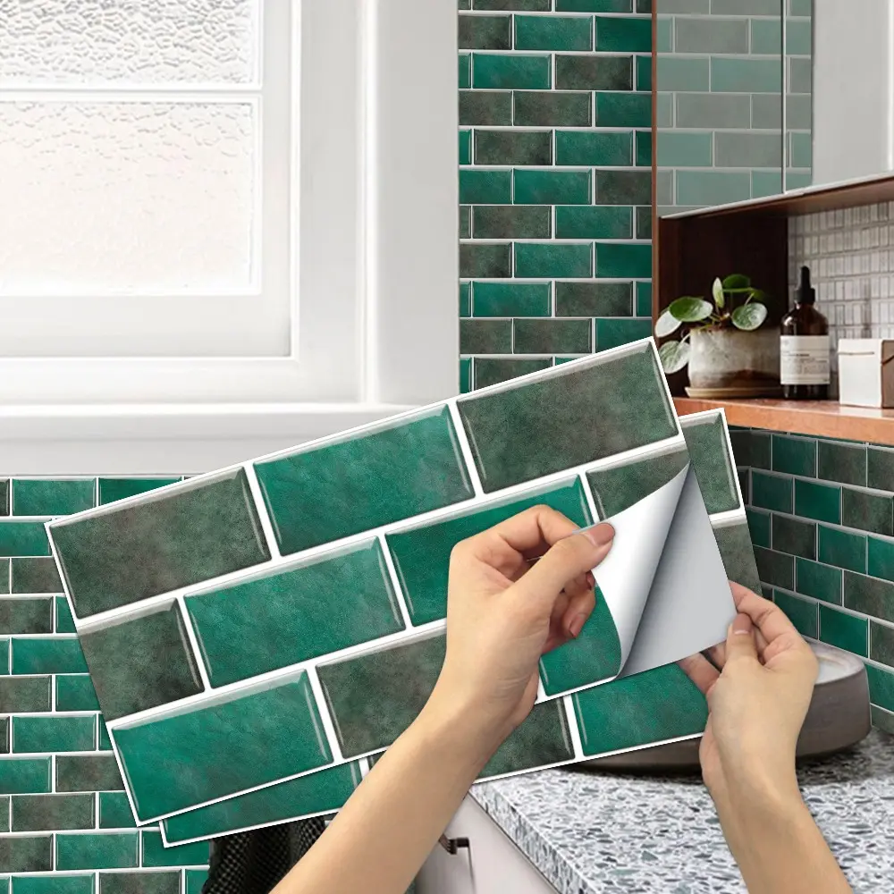 6/12/24/48 PCS FG Vintage Tile Stickers - Retro Emerald Green Brick PVC Crystal Film DIY Splashback Waterproof Oil-proof for Kitchen Bathroom Floor Tile Wood Home Decor