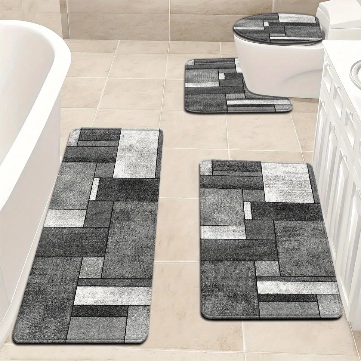 [Bathroom Mat Set] 3pcs Gray Geometric Pattern Bathroom Mat Set with Toilet Seat Cover and U-Shaped Foot Mat