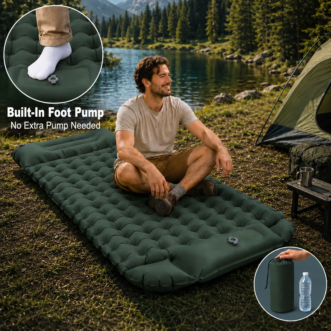Inflatable Camping Sleeping Pad with Built-in Pillow, Ft Pump, 3.9" Thick Waterproof TPU Mat, Camping Pads for Sleeping, Packs into Bag, Pumpin No Extra for Backpacking (79")