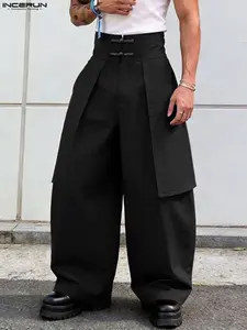 INCERUN Men's Street Fashion Button Fly Wide Leg High Waist Long Pants, Trendy Casual Wear, Comfortable & Stylish Design, Perfect for Daily Use
