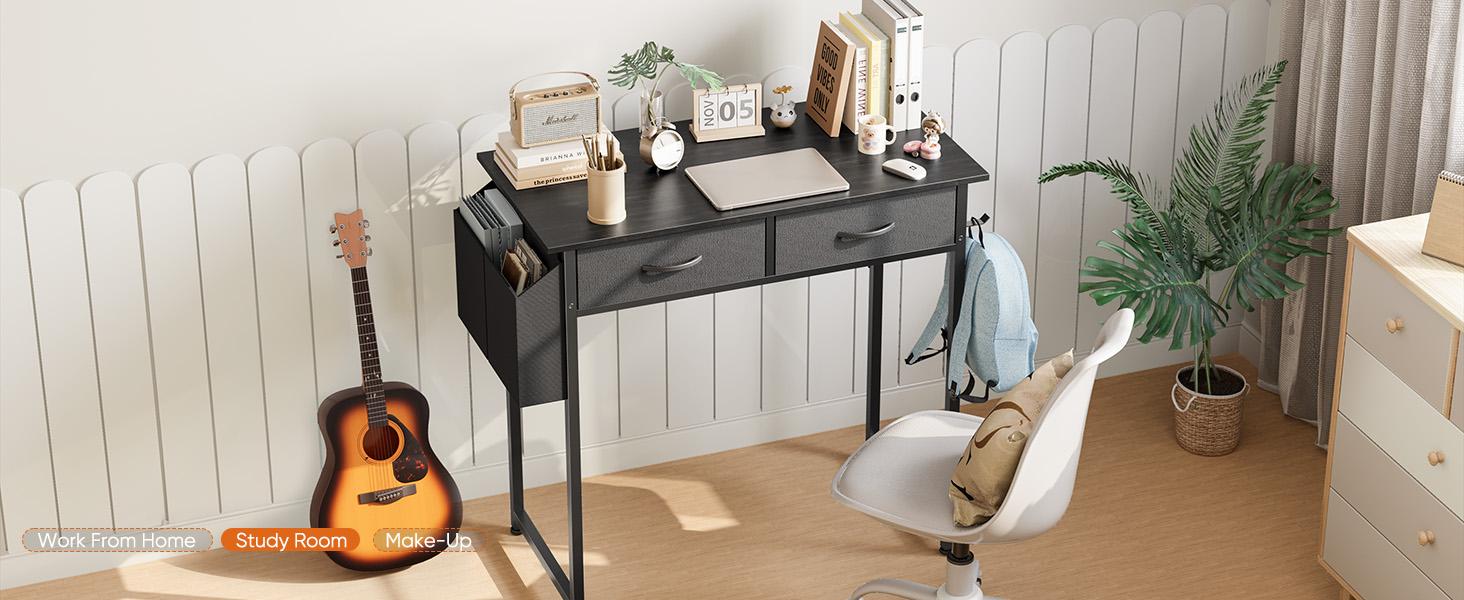 Computer Desk with Drawers Study Writing Table with Storage Bag Headphone Hook Adjustable Feet for Home Office Small Spaces