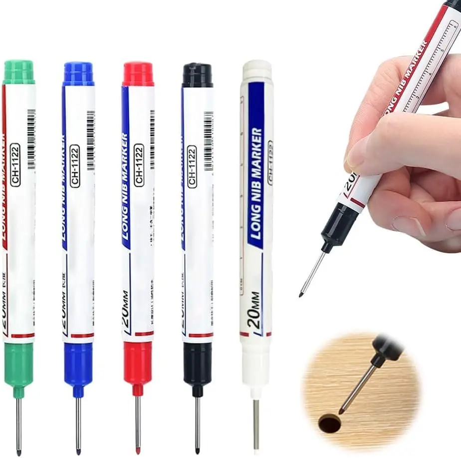 10PCS Deep Hole Marker Pens, Long Reach Construction Markers with 20mm Deep Reach Tip, Waterproof Permanent Marking Pens for Woodworking, Carpenter, Metal, Glass & DIY Projects, Long Nose Marker Tool Set