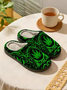 Cannabis Leaf Graphic | Dark Street Style & Chill Vibes | 1 Pair | Plush Warm Lining, Anti-Slip Sole | Cozy Home Slippers | Slipper Shoes | Unisex for Men & Women, Indoor Home, Bedroom, Living Room, Fall & Winter Daily Wear