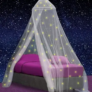 Girls Bed Canopy with Pre-Glued Glow in The Dark Stars Princess Mosquito Net Room Decor Kids Baby Bedroom Tent with Galaxy Lights 1 Opening Canopy Bed Hanging Kit Included