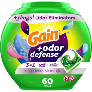 Gain Flings Laundry Detergent Pacs with Odor Defense, 60 Count, Fresh Blast Scent, HE 3in1 Detergent Pacs with and Oxi