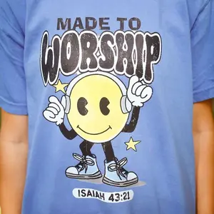 Made to Worship Tee - Blue T-Shirt with "MADE TO WORSHIP" Text & Smiley Graphic Isaiah 43:21 Design