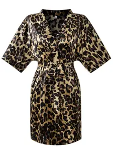 Women's Leopard Print Belted Robe, Casual V Neck Wrap Robe, Soft Comfortable Nightgown for All Seasons