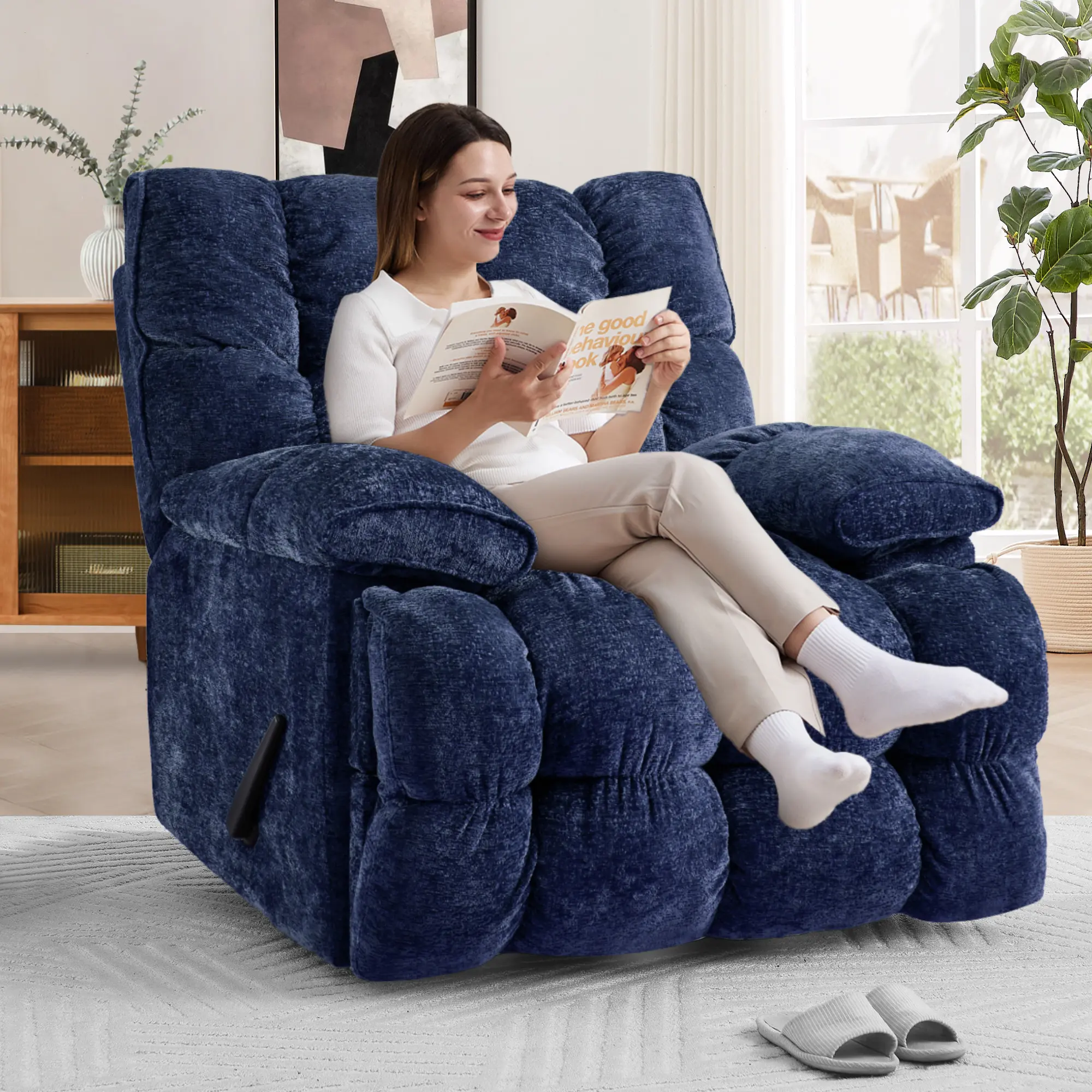 Ultra-Soft Chenille Manual Recliner Chair with Ergonomic Support, Adjustable Backrest, Navy Blue Upholstery for Living Room, Bedroom