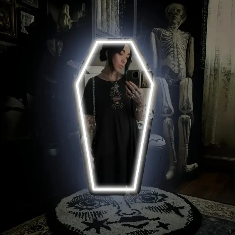 Coffin-Shaped Gothic Elegance Neon Mirror - Acrylic Glass White Wall Decor, Durable, Resistant, Pre-Drilled Holes, Multi-Functional Stylish Gift for Gothic Lovers’ Witch Bedrooms