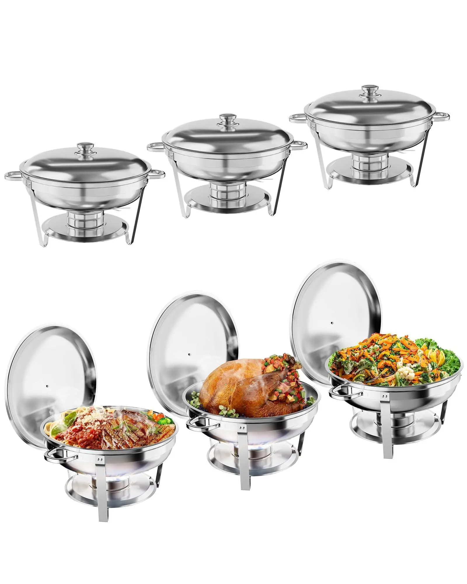 Gaomon Sturdy Frame 6-Piece Round Stainless Steel Buffet Chafing Dish Set - 5L/5QT Food Warmer with Lids, Food Containers, Water Containers, Burner, Serving Utensils, Tray, Handles, Stackable, Reusable, Six Pieces