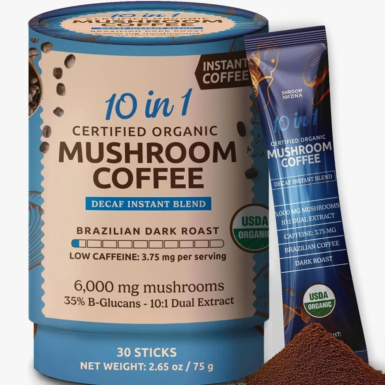 10-in-1 USDA Certified Organic Mushroom Coffee Decaf, 30 Sticks MatchaDNA | USDA Organic, Brazilian Dark Roast, Lion's Mane, Reishi, Chaga, 3.75mg Caffeine, Energy & Focus, Gut Health