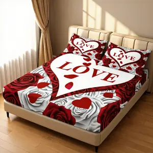 3 Pcs Romantic Red Rose & LOVE Heart Fitted Sheet Set, 3D Floral Bedding Mattress Cover with Pillowcases, Couple Aesthetic Room Decor