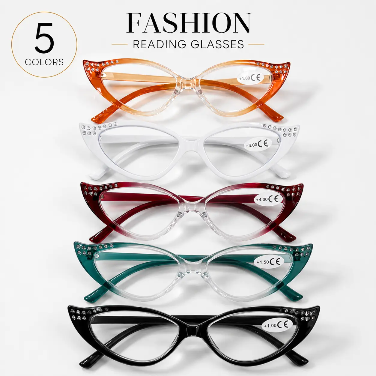 Fashion Blue Light Blocking Reading Glasses for Women, Rhinestone Cat Eye HD Clear Lens Readers, Lightweight UV Filtering Eyewear, 5 Colors with Free Anti-Lost Lanyard