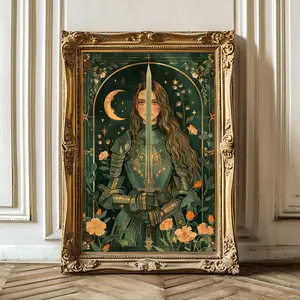 Female Medieval Knight Tapestry Style Art Mythical Celestial Fantasy Poster Whimsical Boho Magical Decor Vintage Aesthetic Unframed, Room Decor