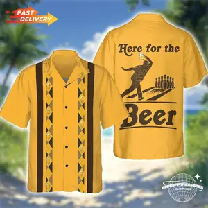 Here For The Beer Bowling Hawaiian Shirt, Funny Drinking Aloha Button Down, Bowling Player Vacation Shirt, Gift for Men Beer Lovers