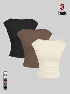 2026 Spring Summer Women's Boat Neck Ruched Crop Top, Cap Sleeve Slim Fit Y2K Tee, Stretchy Form Fitted Casual Blouse for Streetwear & Daily Vibe