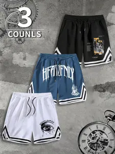 Men's Summer Outdoor Basketball Shorts, Drawstring Sport Pants Letter Pattern Print 3 Pack, Casual Fitted Fitness Wear
