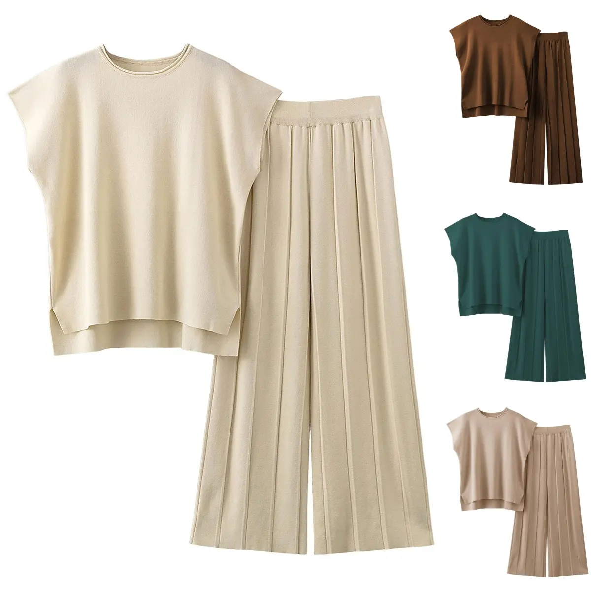 UANEO Lounge Sets for Women Two Piece Outfits Knit Cap Sleeve Tops Wide Leg Pleated Pants Casual Dressy Sweater Sets