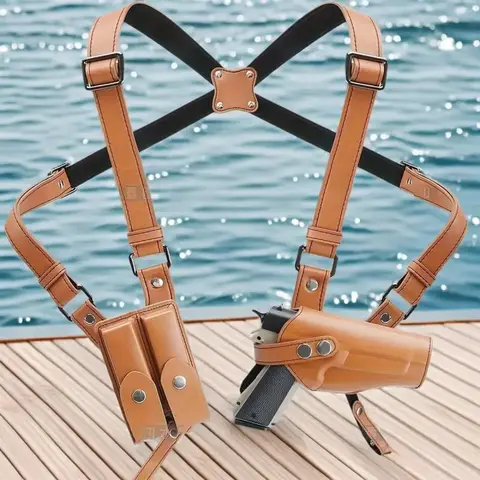 Right Handed Neutral Solid Color Crazy Horse Leather Vertical Hunting Shoulder Holster - Adjustable, Concealed Carry, Universal, Dual Magazine Pockets - Fits 1911, Glock 17/19/23 & Most Handguns - Outdoor Hunt Gear Accessories, Hunt Equipment, Storage