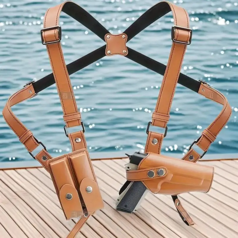 Right Handed Neutral Solid Color Crazy Horse Leather Vertical Hunting Shoulder Holster - Adjustable, Concealed Carry, Universal, Dual Magazine Pockets - Fits 1911, Glock 17/19/23 & Most Handguns - Outdoor Hunt Gear Accessories, Hunt Equipment, Storage