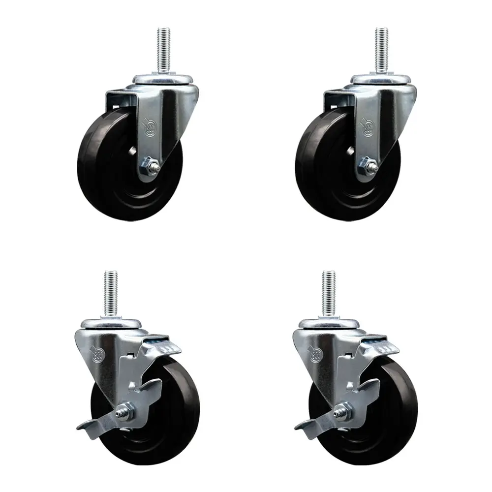 Service Caster SCC-TS20S414-HRS-34212-2-TLB-2 Hard Rubber Swivel Metric Threaded Stem Castors (Set of 4) for Material Handling, 4x1.25 in. Black Wheels, 0.75 in. Stems, 2 with Top Locking Brake, 1200 lbs Load Capacity, Bolt Hole Compatible, Ball Bearings,