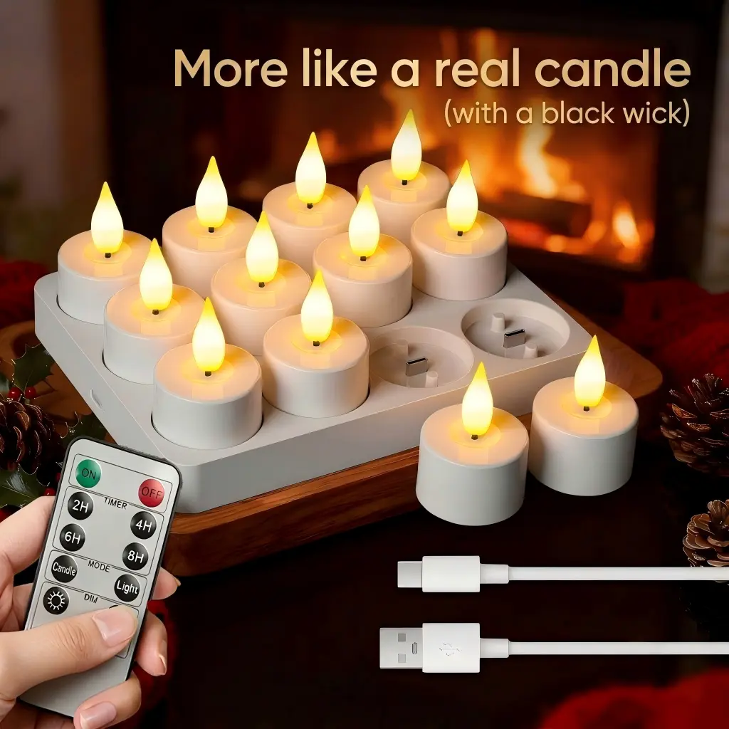 Flameless Candles Tealights, 12pcs Rechargeable USB C Tea Lights Candles with Remote Control and Charging Station for Halloween Decorations Christmas Decorations Indoor for Home Table Glass Jars or CANDLE Holder