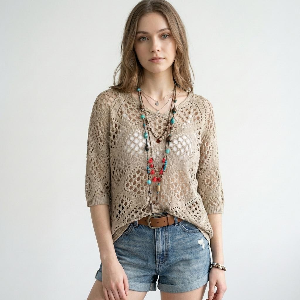 Women's Crochet V-Neck Hooded Sweater - Lightweight Hollow Out Mesh Knit Top Batwing Half Sleeve Slouchy Pullover - Y2K Boho Chic Summer Beach Cover Up Festival Outfit See-Through Knitwear - Plus Size Options