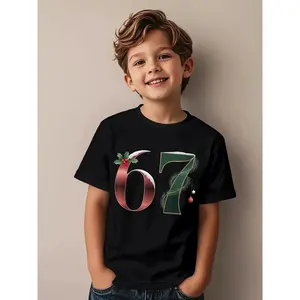 Boys' 67 Number Meme T-Shirt - Funny 67th & Christmas Design with Candy Canes, Holly & Number 67 Print - Casual Short Sleeve Round Neck Tee for Parties, Casual Attire - Durable All-Season ( Age 67 Outfit)