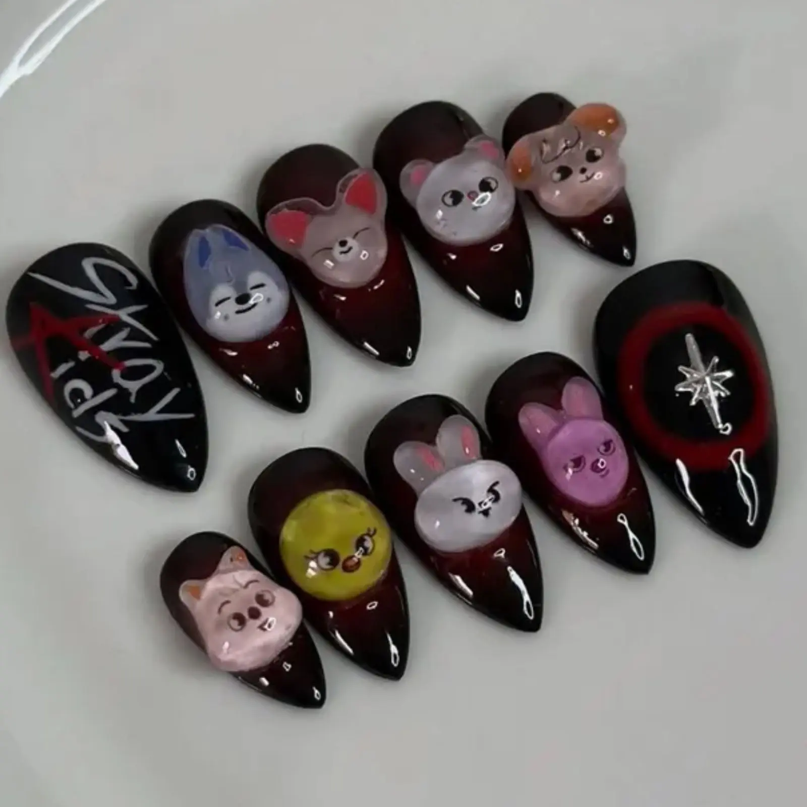 Straykids Nails | Kpop SKZ Press On Nails | 3D Bear Charm, Black Cherry & Cute Character Nail Art