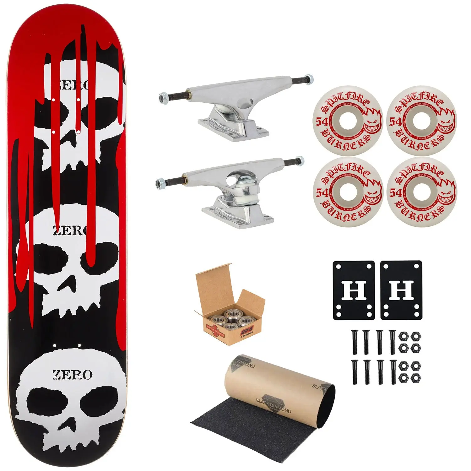 Zero Skateboard 3 Skulls with Blood 8.5" Krux, Independent, Spitfire Premium Kit