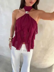 Women's Chiffon Halter Top, Sleeveless Transparent Mesh Layered Ruffle Blouse, Metal Button Detail, Elegant Backless Party Vest