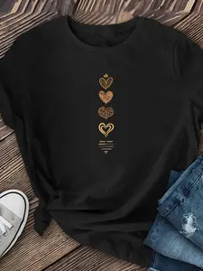 Women's Heart-Print T-Shirts, Summer Round-Neck Short-Sleeve T-Shirts, Women's Printed Short-Sleeve Tops, Everyday Women's Tops, Multi-Season Tops, Women's Tops, Machine Washable, Sports And Leisure Style, Comfortable Women's Clothing, Streetwear.