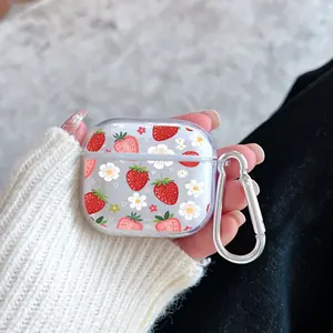 Strawberry Floral Dream Pattern TPU Soft Protective Case for Apple AirPods 4/3/2/1/Pro/Pro2 Transparent Earphone Cover with Keychain Attachment