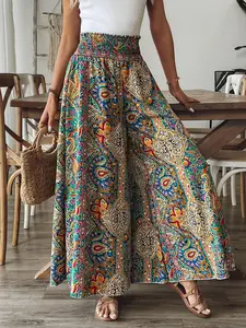 Women's Boho High Waist Elastic Wide Leg Pants, Paisley Print Design, Perfect for Vacation and Casual Occasions, Loose-Fitting Style