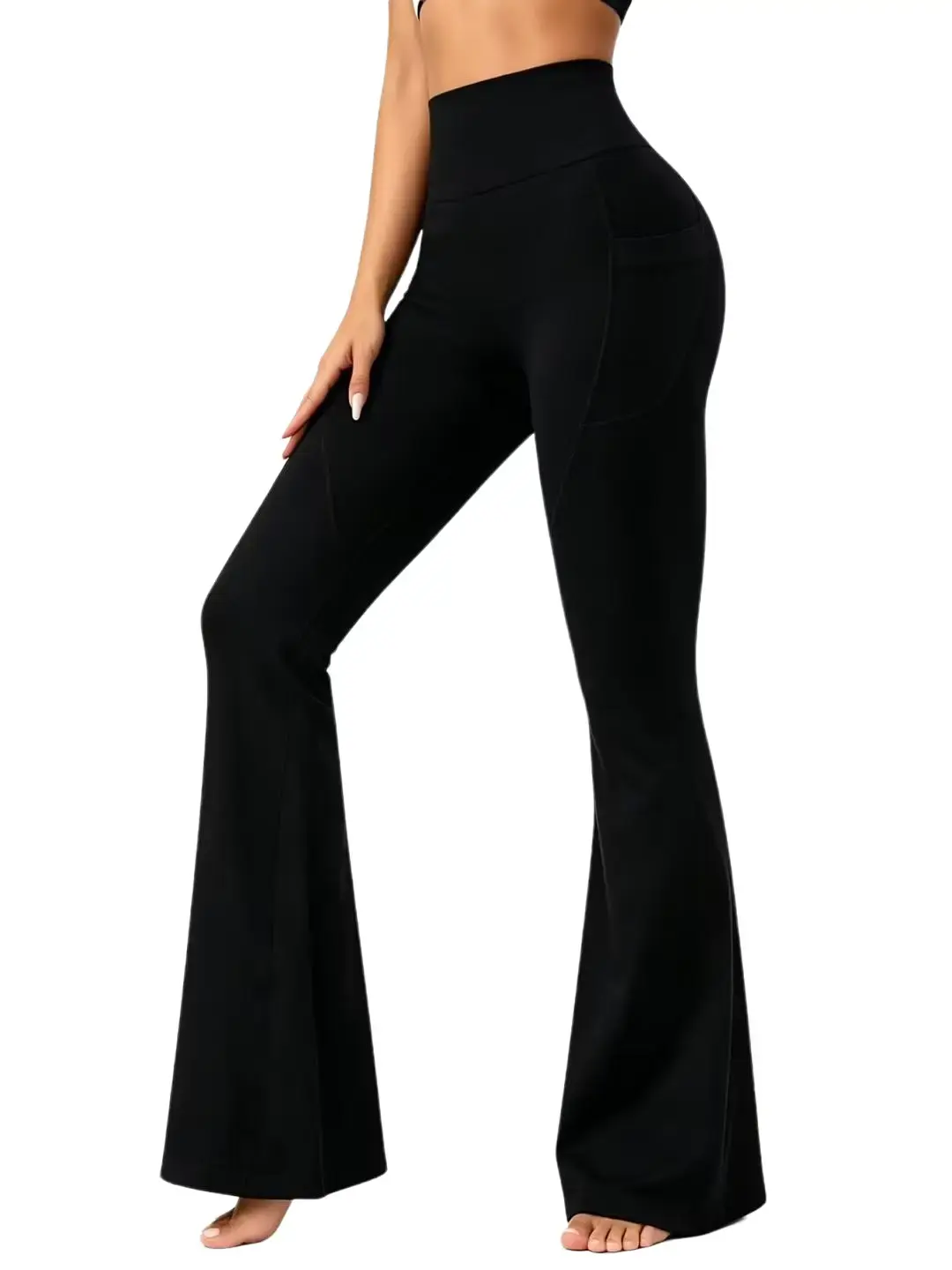 1-Pack Women'S Solid High-Waist Flare Yoga Leggings, Tummy Control Butt Lifting Stretch Bell Bottom Pants, Non-See-Through Soft Workout Athletic Activewear for Gym Running Daily Casual commute black trousers