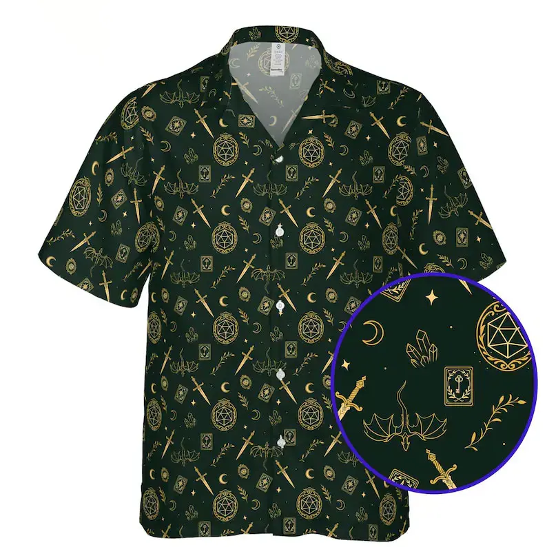DnD Hawaiian Shirt, Dark Green Gold Fantasy Pattern, D20 DM Dice Shirt, Witchy RPG Button Up Leo