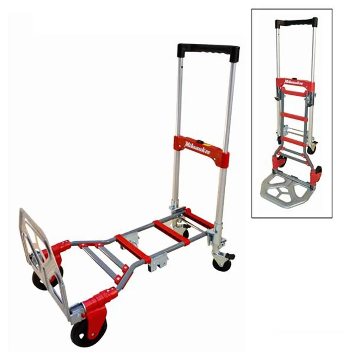 Milwaukee 220870 Industrial Grade 2-1 Hand Truck, Folding Trolley with Metal Frame, 4-Wheel Heavy Duty Wagon & Dolly, 300 lb Capacity High-Quality Modern Products Steel Platform Cart