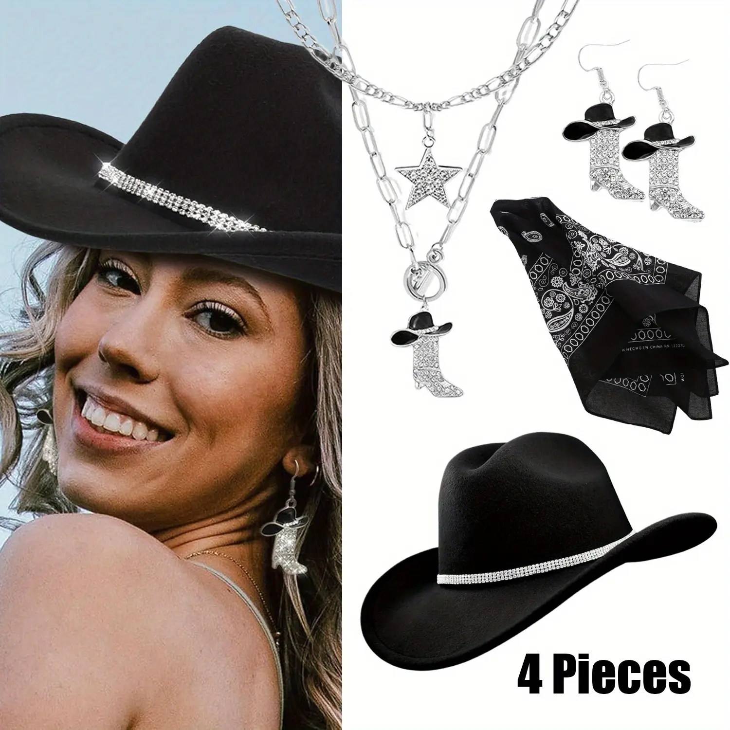 Set Of 4 Women'S Western Cowgirl Costume Accessories - Elegant Polyester Cowboy Hat, Rhinestone Earrings, Headscarf, Pendant Necklace - Ideal for Dress-Up,Party- Hand Washable,Western Theme,Western Costume Elegant Accessory Set