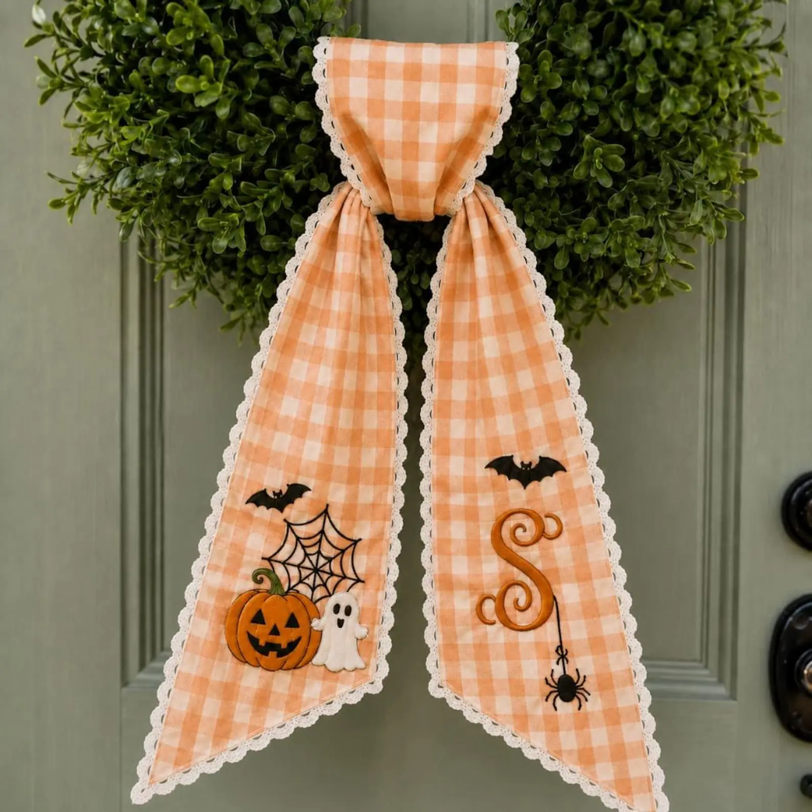 Personalized Halloween Wreath Sash, Monogram Pumpkin Ghost Door Bow, Trick or Treat Striped Ribbon, Fall Wreath Sash, Halloween Door Decor