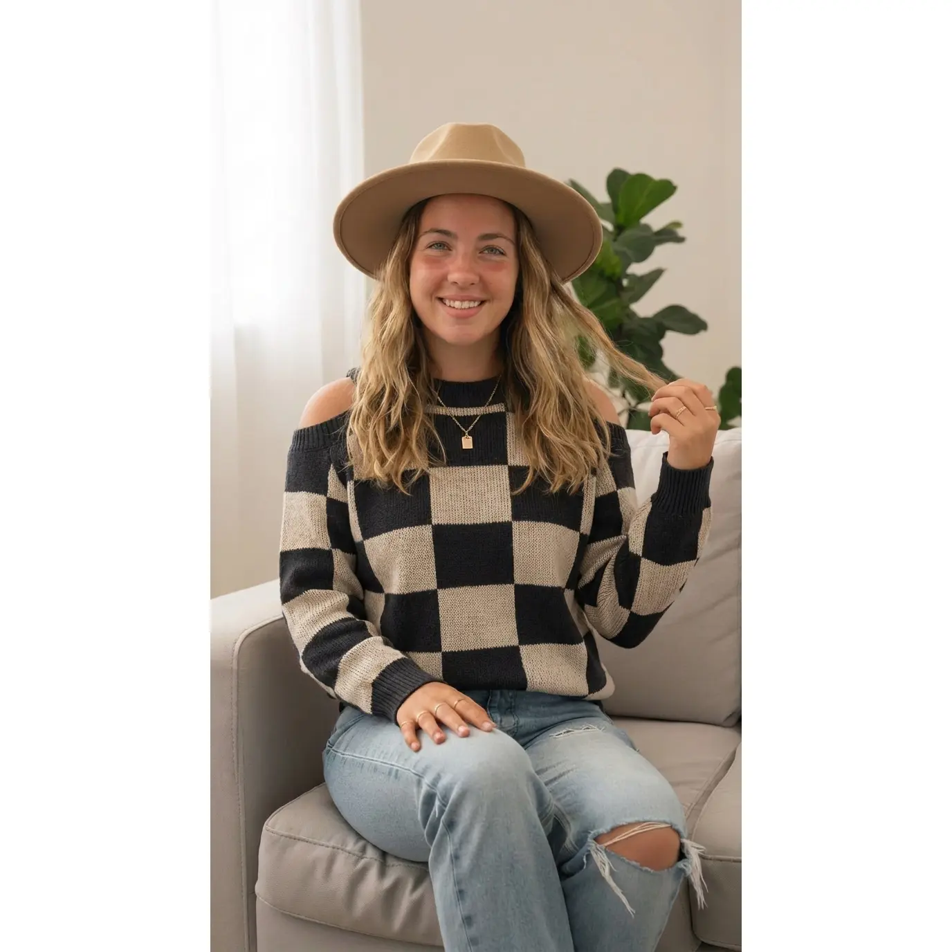 Cold Shoulder Checkered Long Sleeve Sweater Casual Crew Neck Winter Sweater with Drop Shoulder Slightly Stretchy 100% Acrylic Material Cutout Design for Cozy Winter Days