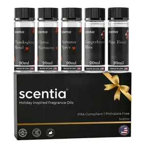 Scentia Holiday Aroma Blend Scented Oil Sample Kit - 5-Pack Home Fragrance Freshener Set with 20ml Diffuser Bottles, Coconut & Vanilla Fruity Aromatic Notes