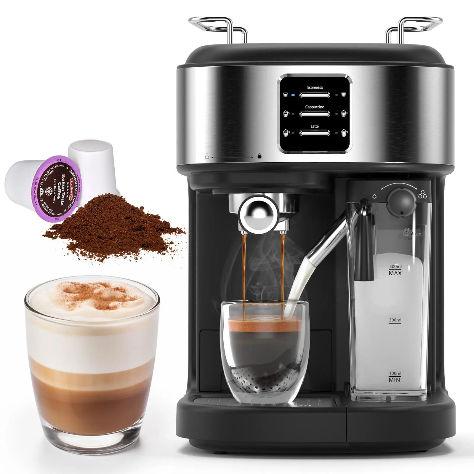 COWSAR Espresso and Cappuccino Machine, 20Bar Latte Machine with Automatic Milk Frother, 3 in 1 Professional Semi-Automatic Espresso Maker with Dual Heating System & Capsule Compatible