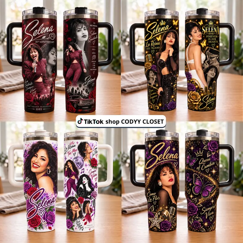 Selena Inspired 40oz-30oz-20oz Tumbler With Handle, Tejano Music Fan Travel Cup, Floral Singer Tribute Stainless Steel Tumbler, Gift For Selena Fans