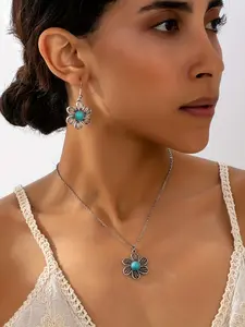 Boho Style Necklace + Earrings Set, Hollow Out Turquoise Design, Perfect for Daily Wear and Vacation, Floral Pattern Jewelry