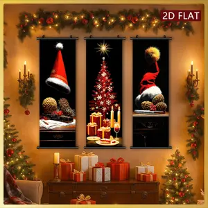 2D/FLAT-Santa Hat Christmas Tree Prints, 3-Piece Set, HD High-Quality Print, Odorless & Fade-Resistant, Ideal for Holiday Home Décor