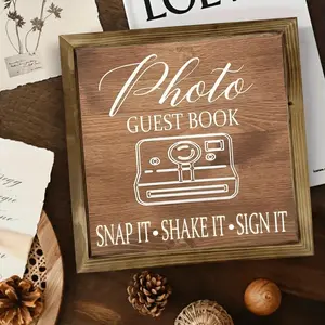 Classic Wooden Frame Art Signs, Wedding Photo Guest Book Sign- 8x8inch Vintage Wooden Frame Artwork, Retro Camera Design with "Shoot It- Shake It- Sign" Phrase, Artificial Wood Desktop Decoration, Suitable for Weddings, Home, and Friends, 2D Flat