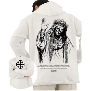 King Baldwin IV Hoodie White Jerusalem Cross Graphic Jumper Men Sarcastic Gift Medieval Top Knight Pullover Streetwear Pocket Casual Activewear Hoody Aesthetic Kingdom Of Heaven Clothes