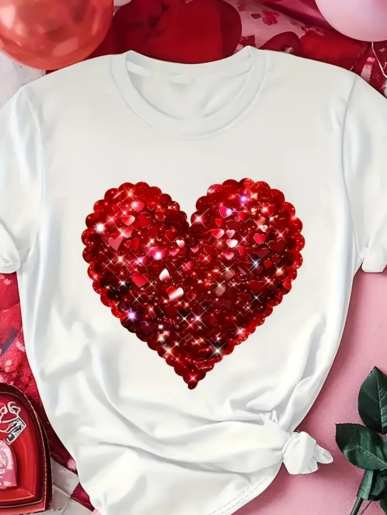 Men's Sparkling Red Sequin Heart T-Shirt - White 1 unisex soft cotton short sleeve t shirt, vintage graphic casual tee for men women teens, perfect birthday holiday gift for camping travel gym daily street  wear